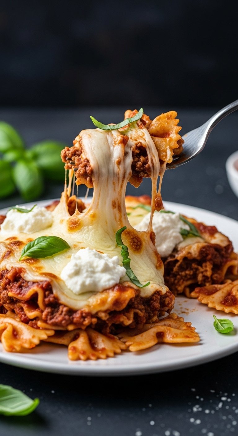 Instant Pot Lasagna Bow Tie Pasta with meat sauce ricotta mozzarella cheese pull fork basil white plate