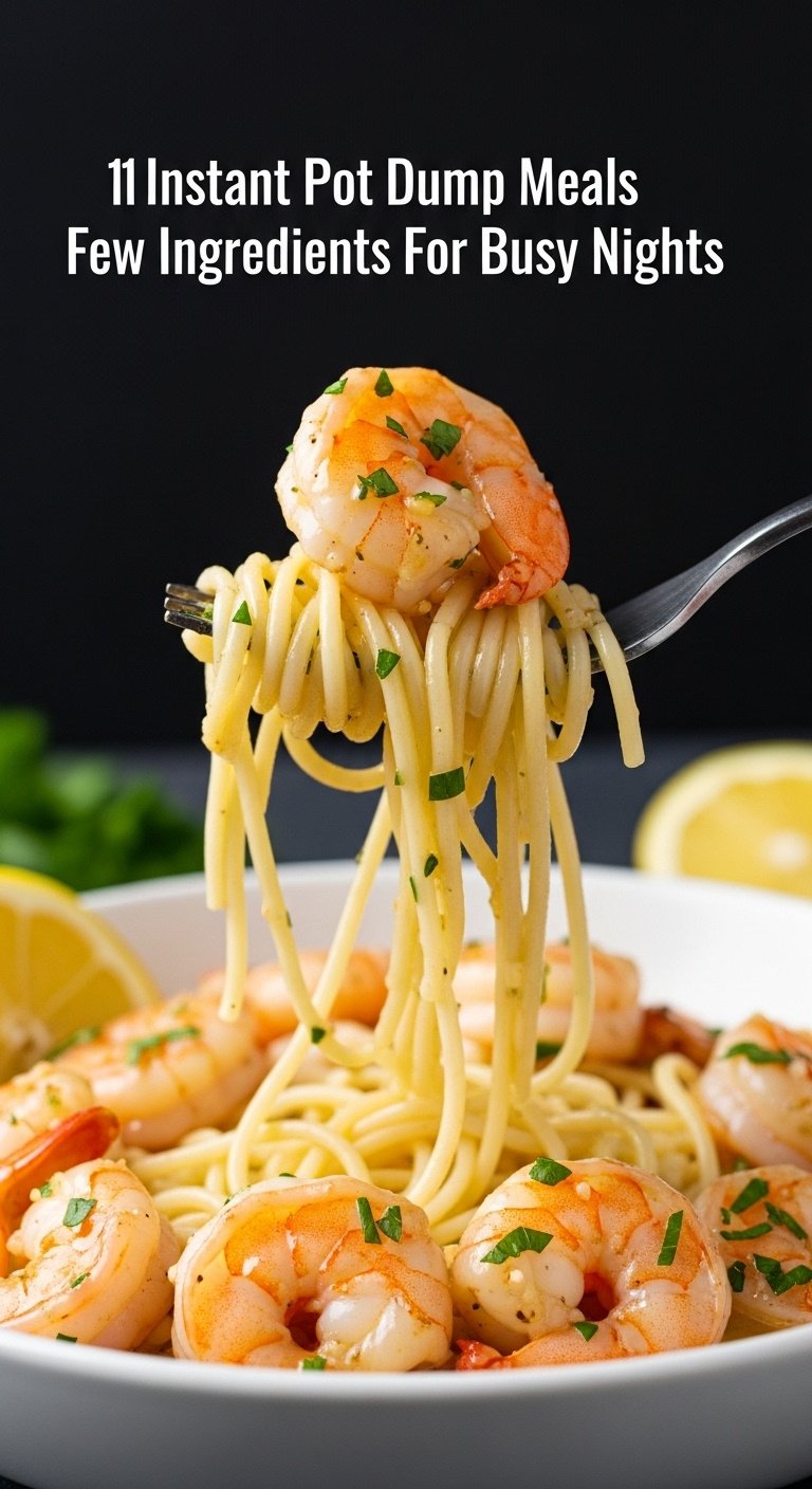 Instant Pot Shrimp Scampi with Pasta fork twirling angel hair shrimp garlic butter sauce parsley lemon wedge dark background