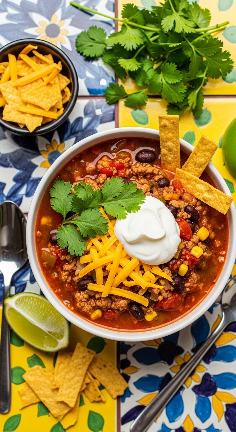 Instant Pot Taco Soup with sour cream cheese cilantro tortilla strips ground meat black beans corn on patterned tile with lime chips