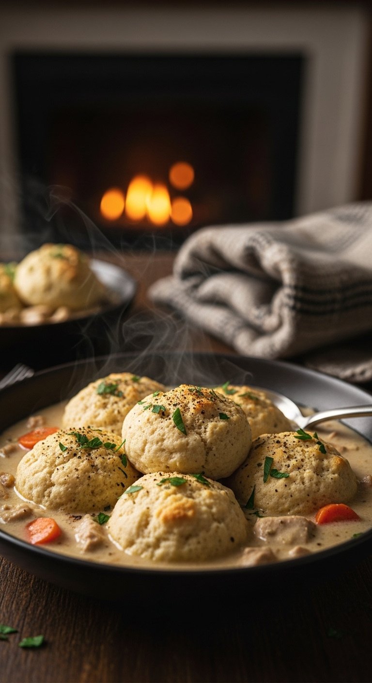 Instant Pot chicken and dumplings in a bowl with a spoon and blanket on a wooden table near a fireplace
