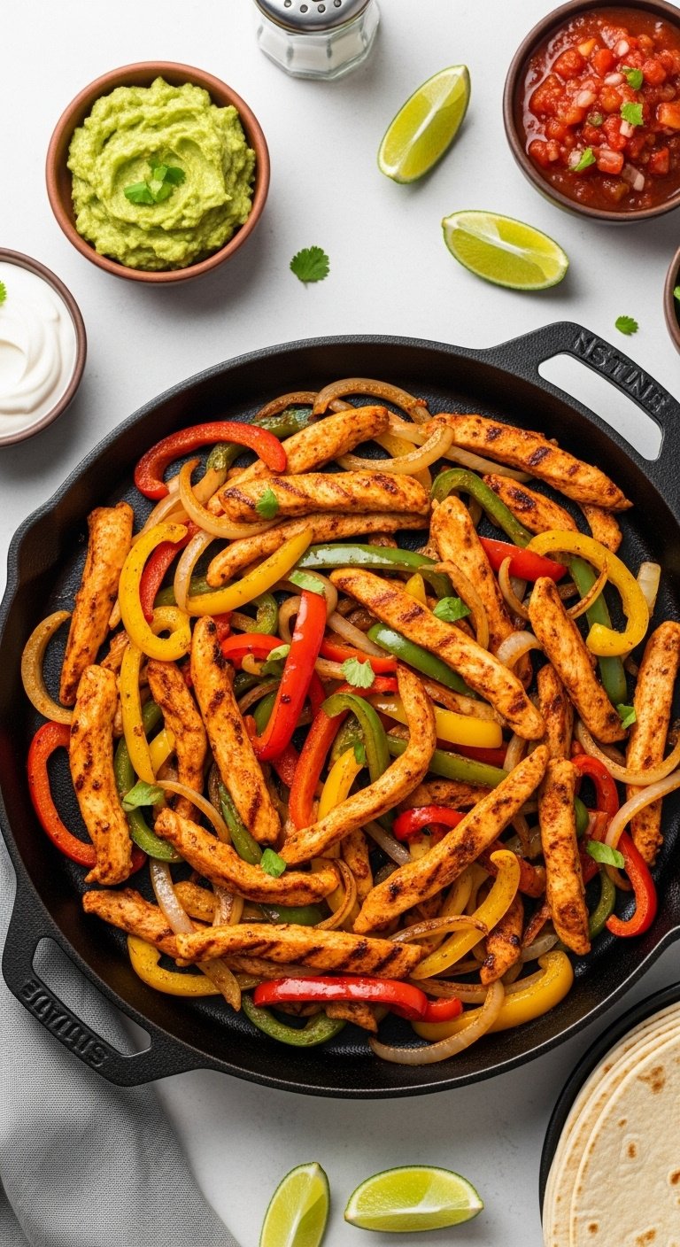 Instant Pot chicken fajitas with bell peppers and onions on cast iron with sour cream guacamole salsa and tortillas