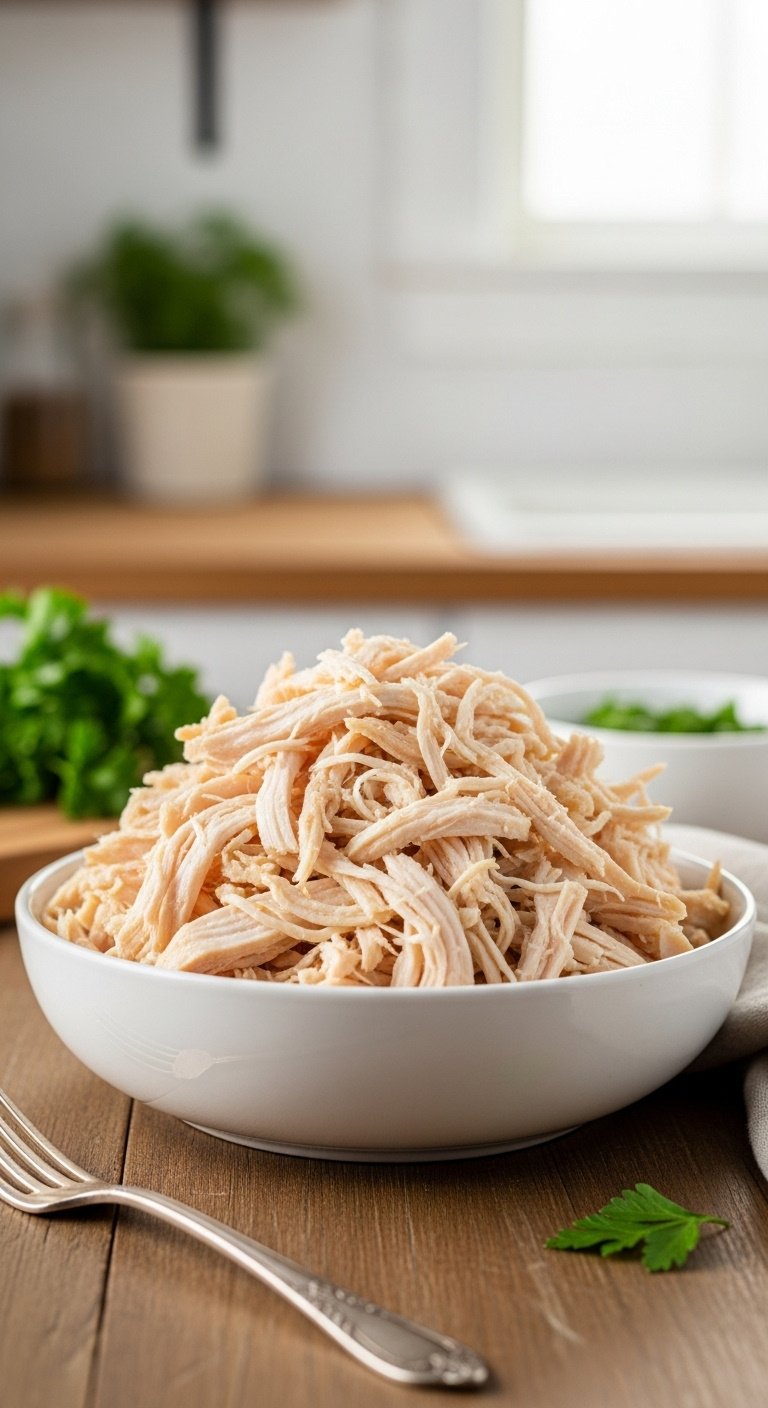 Instant Pot shredded chicken in white bowl on wood table with parsley and fork