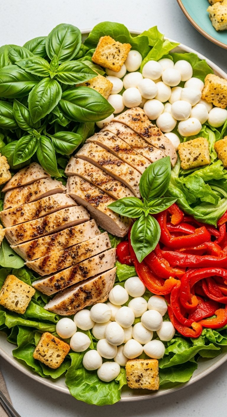 Italian grilled chicken salad with mozzarella roasted red peppers garlic croutons basil and greens on rustic platter