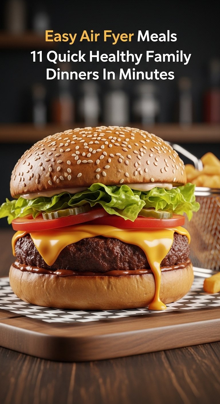 Juicy air fryer cheeseburger with melted cheddar, lettuce, tomato, and sesame bun on a wooden board with fries