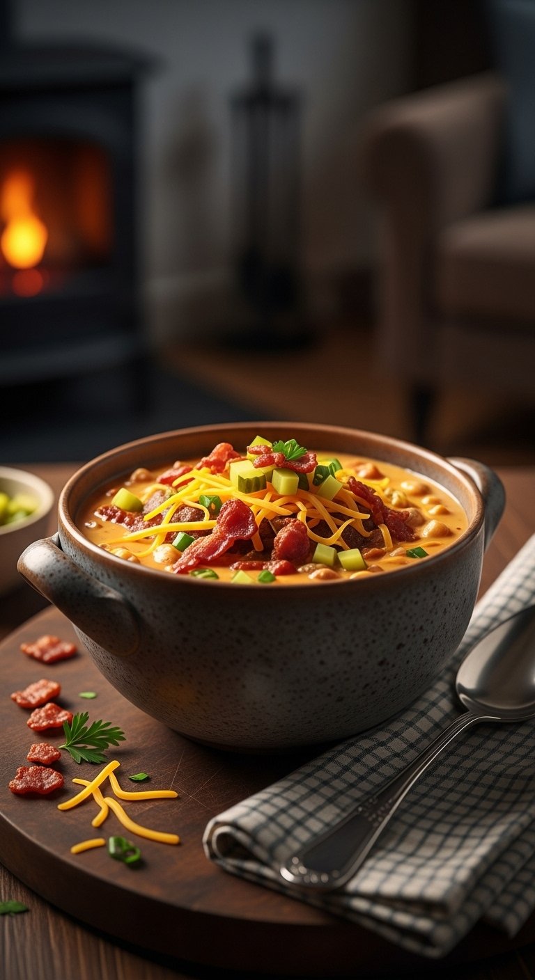 Keto bacon cheeseburger soup creamy with shredded cheddar crispy bacon bits pickles rustic stoneware cozy warm lighting