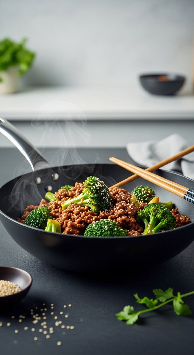 Keto beef and broccoli stir-fry ground beef vibrant broccoli glossy sauce in dark wok with chopsticks and sesame seeds