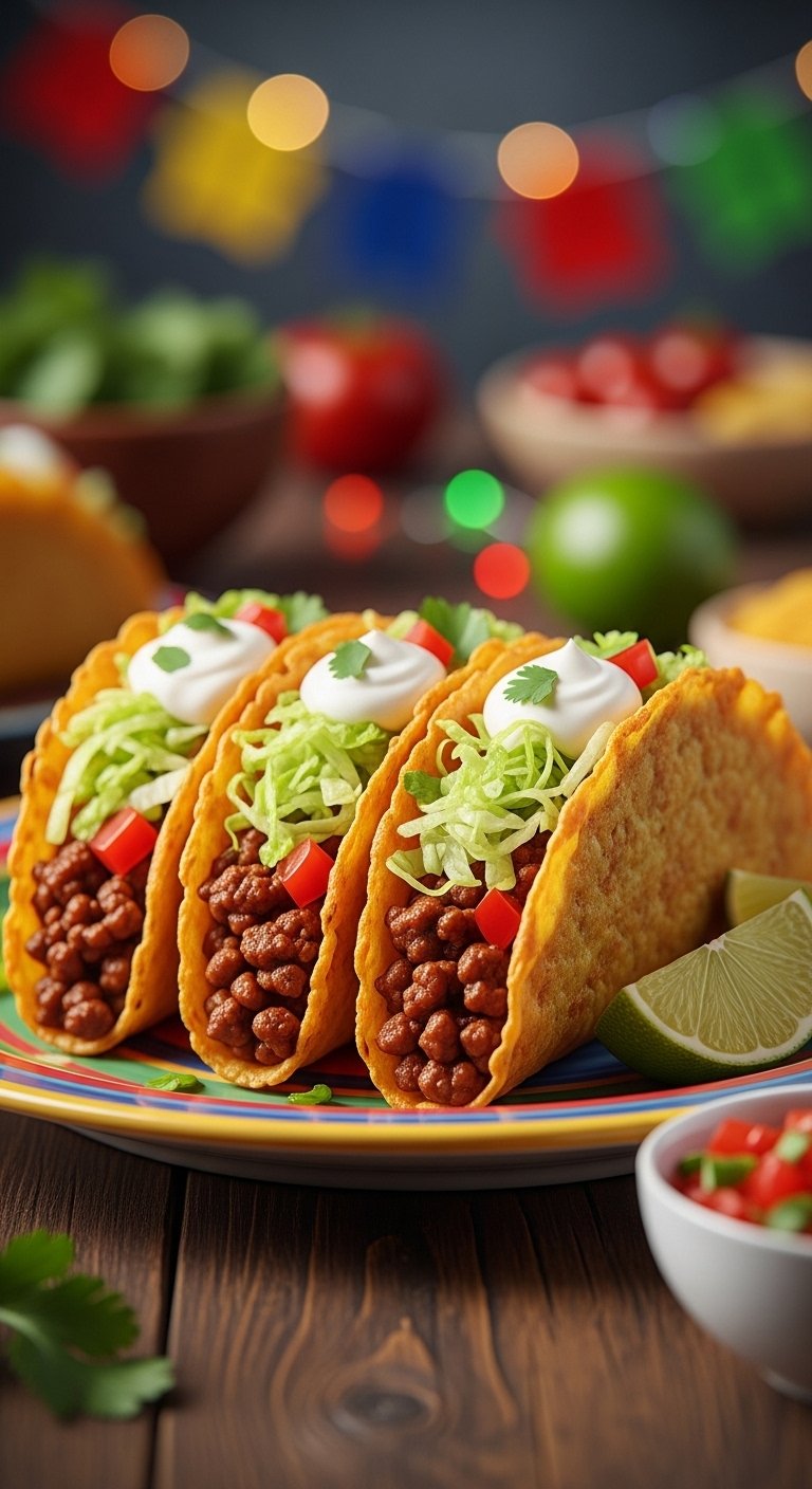 Keto beef tacos with crispy cheese shells seasoned ground beef shredded lettuce sour cream lime wedge salsa vibrant colors