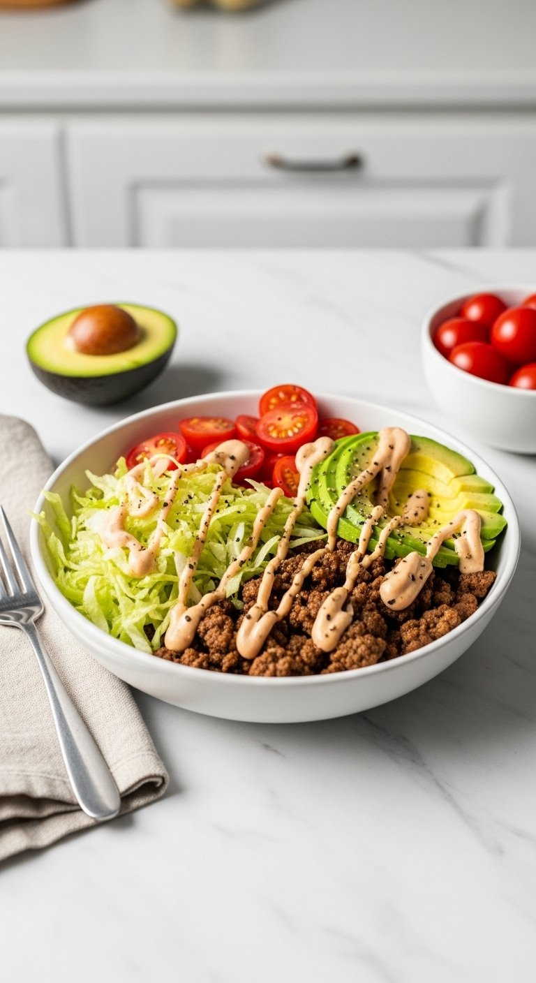 Keto burger bowl with seasoned ground beef shredded lettuce cherry tomatoes sliced avocado creamy burger sauce in white ceramic bowl