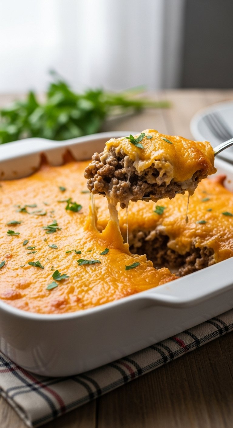 Keto ground beef casserole with golden brown cheddar cheese crust creamy interior fresh parsley on top in white ceramic baking dish