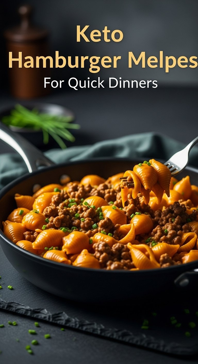 Keto hamburger helper with low-carb pasta shells ground beef cheddar cheese sauce fresh chives in deep skillet on dark slate surface