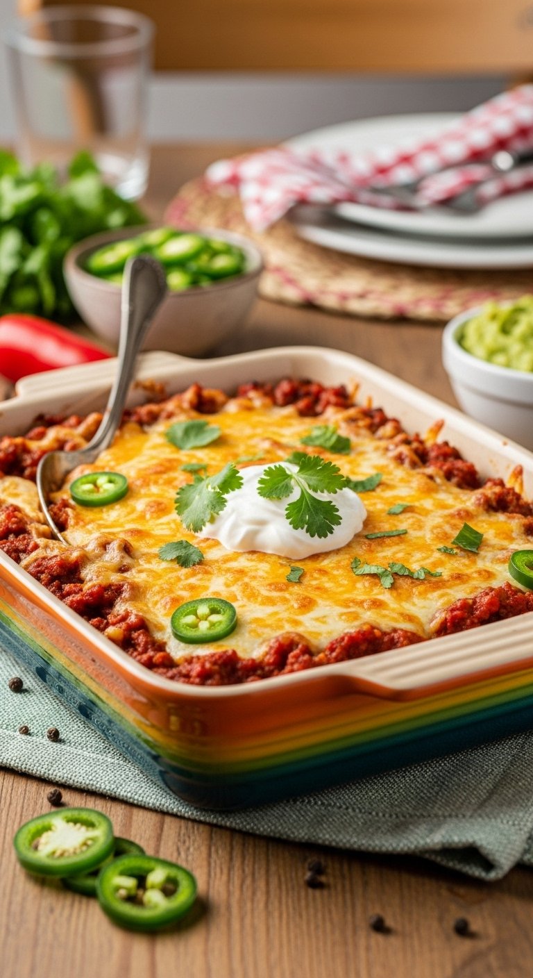 Keto tex-mex ground beef casserole vibrant cheesy with sour cream cilantro guacamole and jalapenos festive colorful baked dish