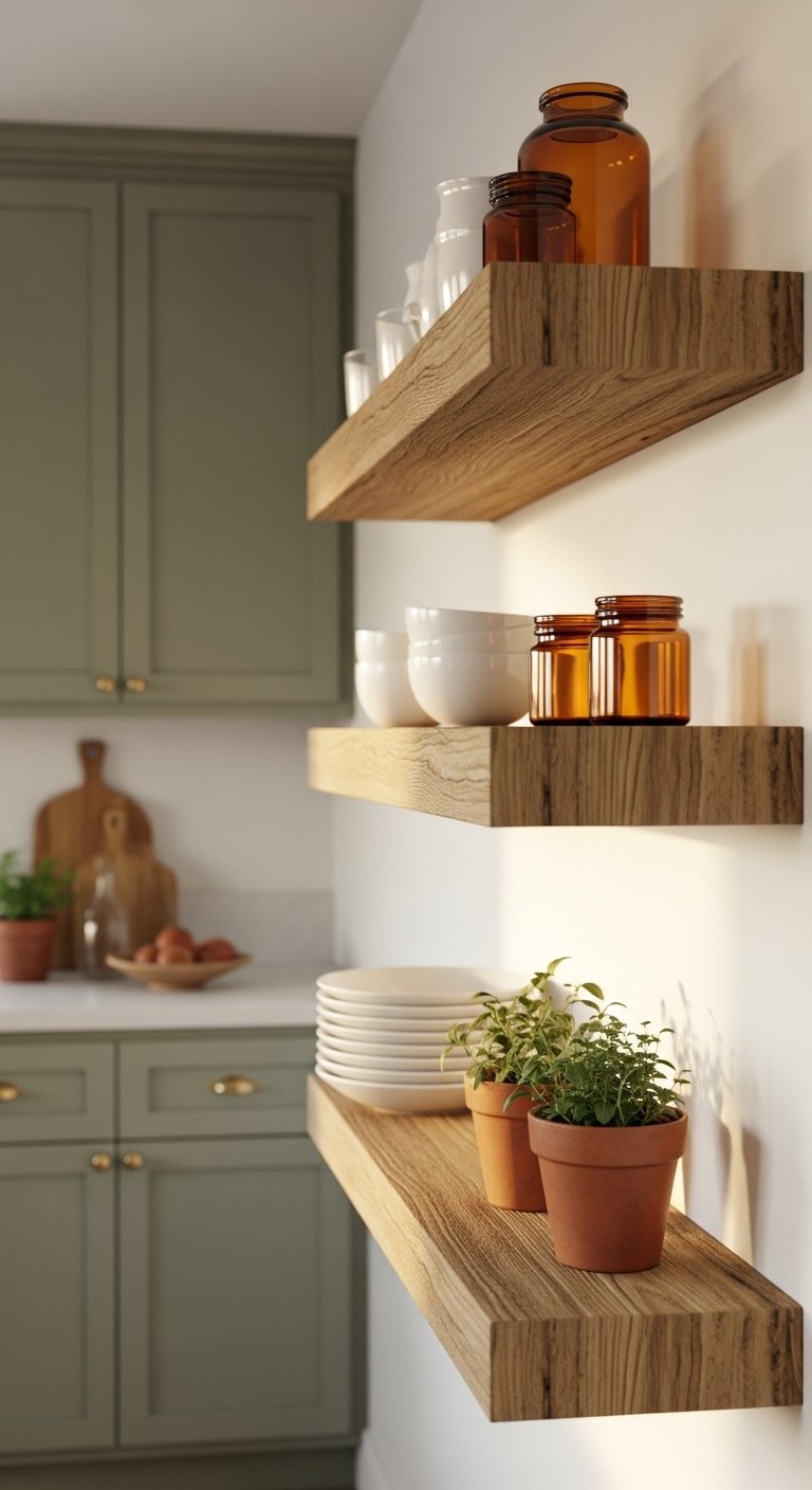 Kitchen combining sage green cabinets, rustic reclaimed oak floating shelves, white ceramic plates, terracotta herb pots, amber glass jars.