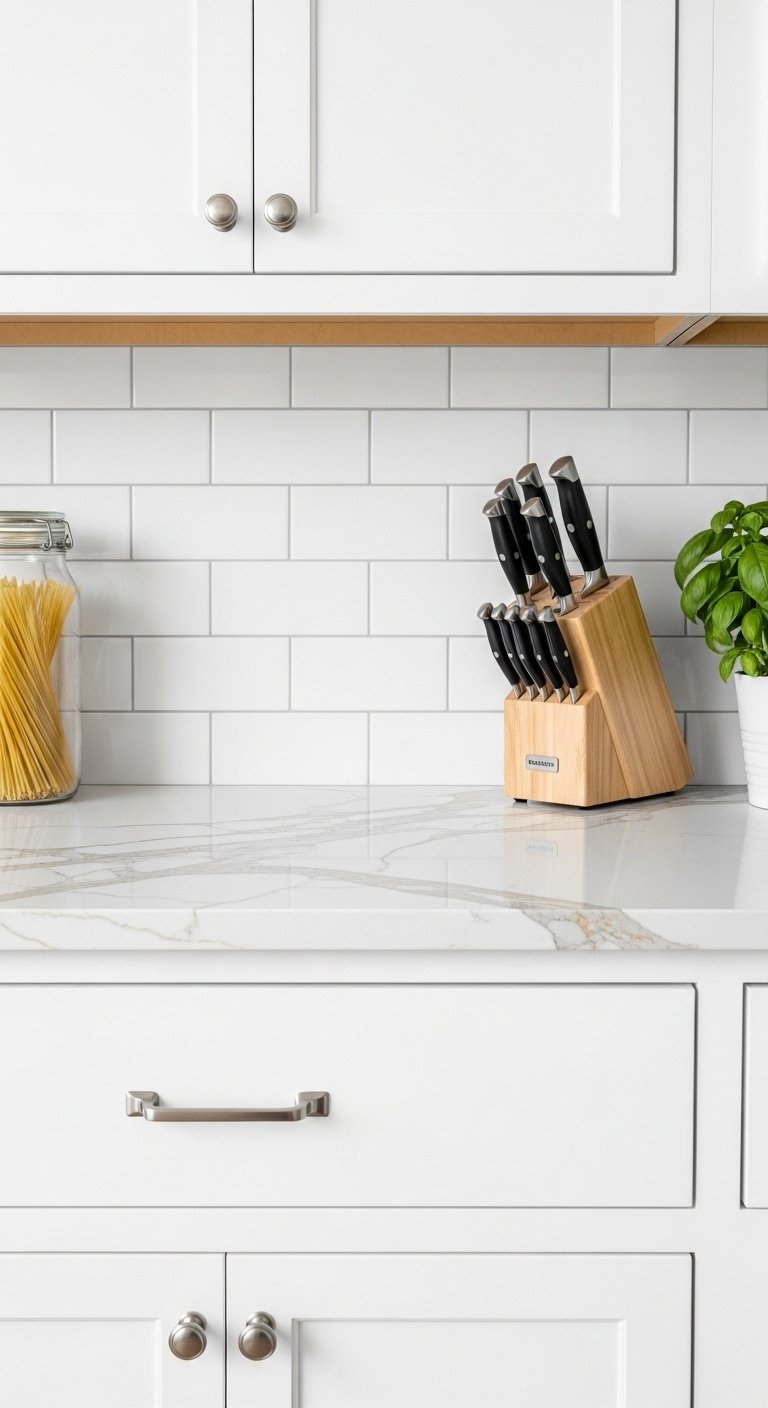 Kitchen counter with Calacatta Gold quartz, white subway tile backsplash, white shaker cabinets, glass jar, knife block, basil plant.