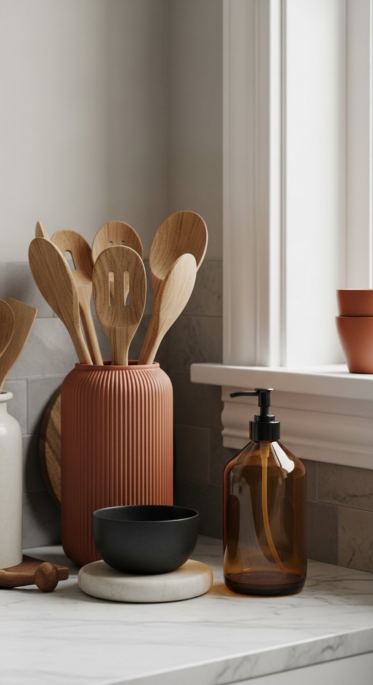 Kitchen countertop corner with terracotta vase wooden spoons matte black bowl and amber glass soap dispenser with natural light