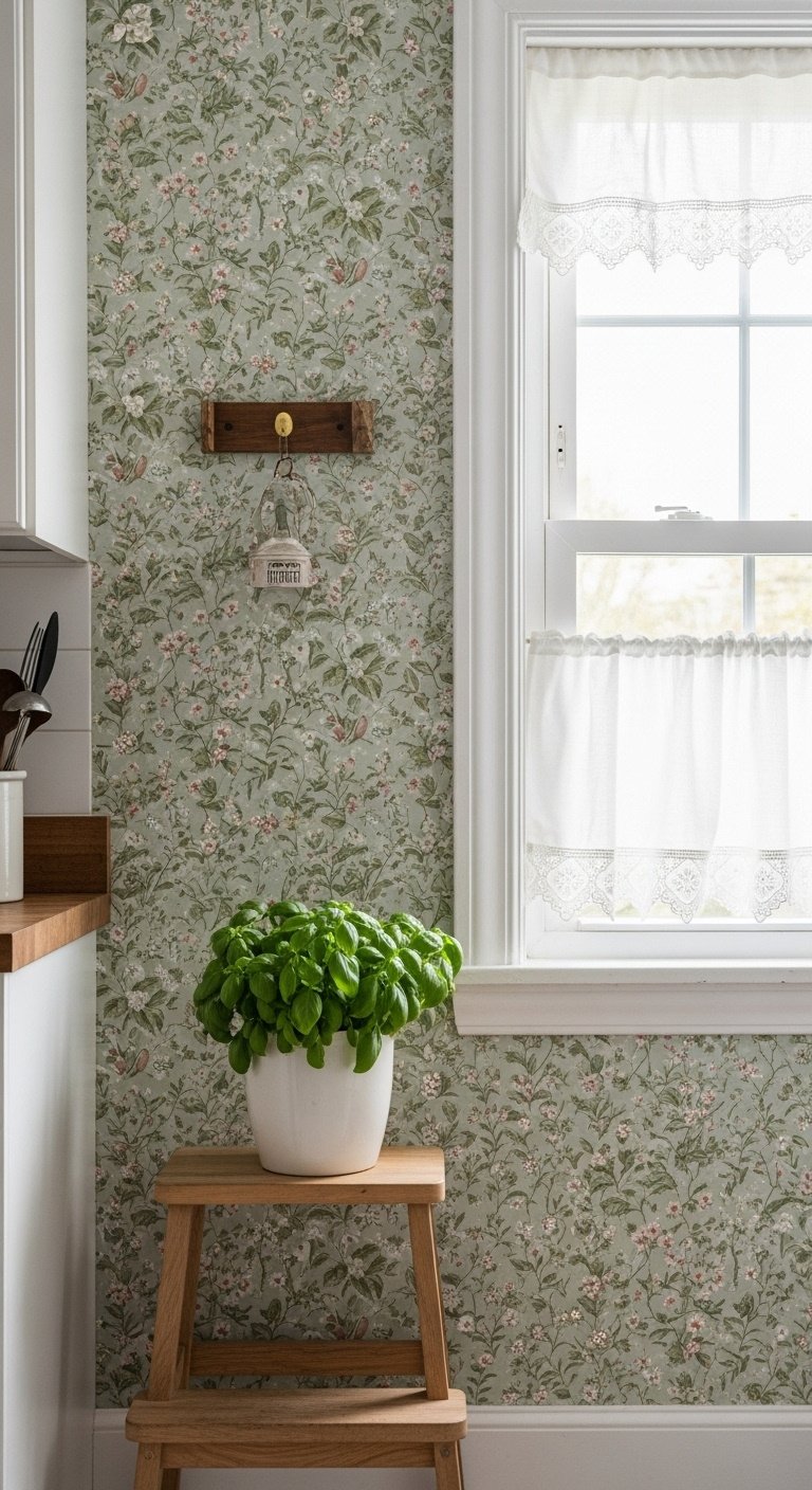 Kitchen nook with vintage floral wallpaper, small wooden stool, fresh basil, white cafe curtain with lace trim.