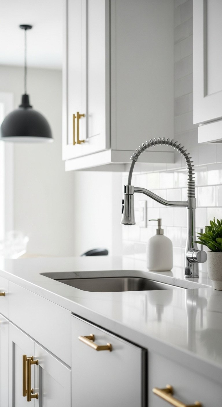 Kitchen sink area with Calacatta Gold quartz, brushed gold handles, chrome faucet, matte black pendant, ceramic soap dispenser, succulent.