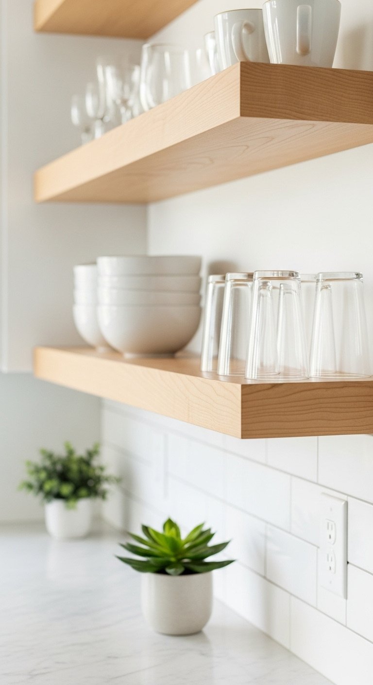 Kitchen wall with light maple floating shelves, white countertop, subway tile backsplash, ceramic bowls, succulent, drinking glasses.