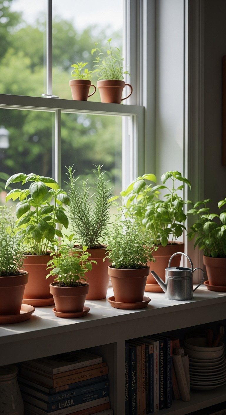Kitchen windowsill with terracotta pots of fresh green herbs like basil rosemary and mint in soft natural light