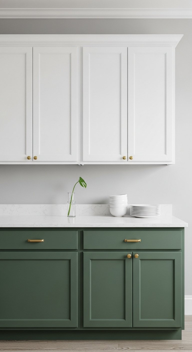 Kitchen with deep sage green lower cabinets, crisp white upper cabinets, white quartz countertop, light gray wall, glass vase, gold cabinet pulls.
