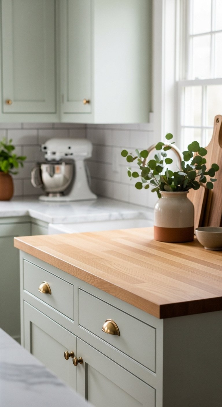 Kitchen with light sage green shaker cabinets, warm light oak butcher block countertop, white subway tile backsplash, eucalyptus, stand mixer, cutting board.