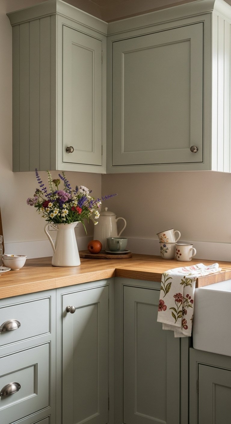 Kitchen with matte sage green shaker cabinets, butcher block countertop, ceramic pitcher with wildflowers, vintage mugs, floral tea towel.