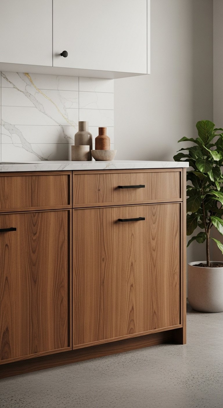 Kitchen with natural walnut cabinets, Calacatta Gold quartz countertops, matte black pulls, ceramic vases, potted plant, concrete floor.