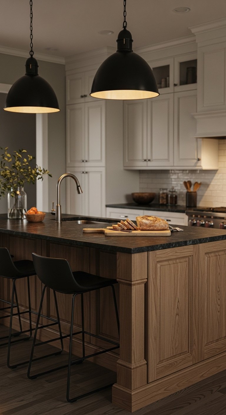 Kitchen with rustic hickory wood island, white perimeter cabinets, dark granite countertop, black bar stools, artisanal bread.