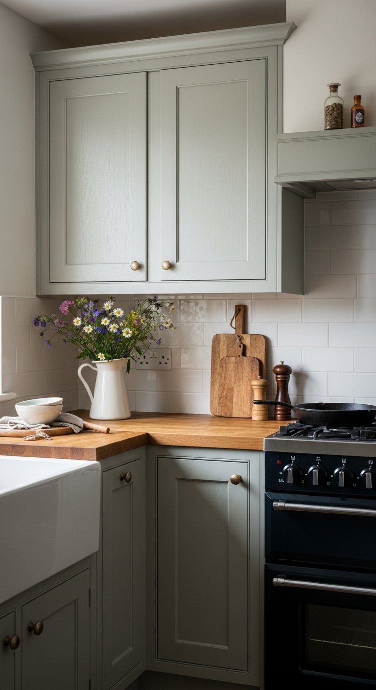 Kitchen with sage green Shaker cabinets, oak butcher block countertop, white subway tile backsplash, wildflowers, cutting board, cast-iron skillet.