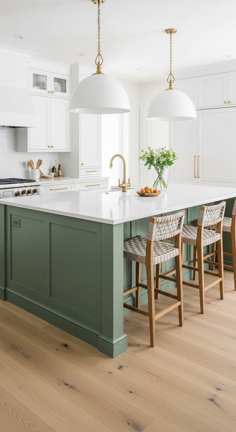 Kitchen with sage green island, white quartz countertop, light oak flooring, woven-seat bar stools, glass vase with flowers.