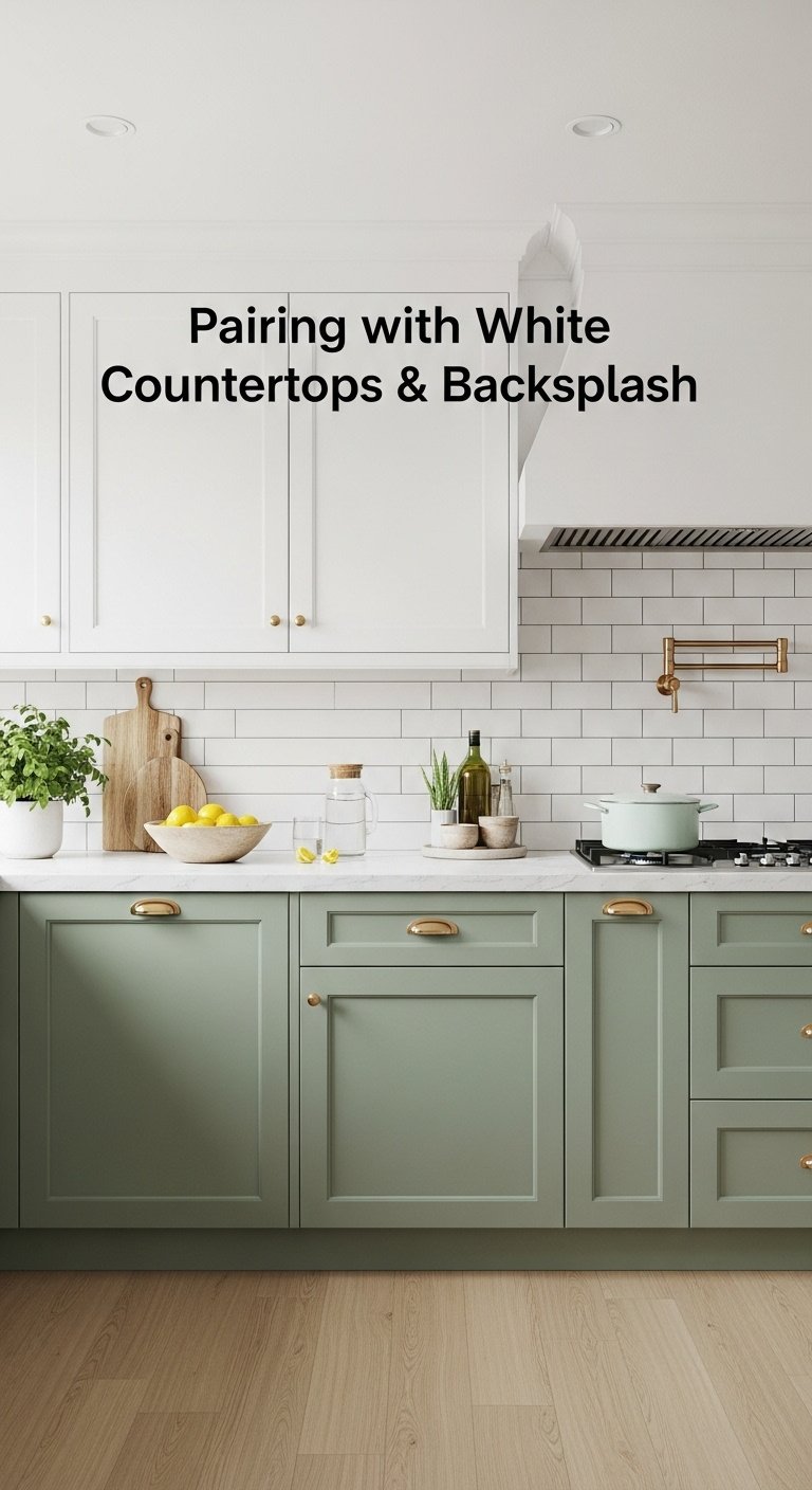 Kitchen with sage green lower cabinets, light wood floor, white quartz countertop, white subway tile backsplash, lemons, water, green plant.