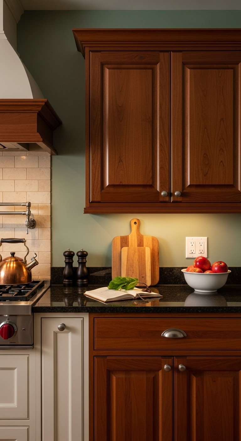 Kitchen with serene sage green walls, rich cherry wood cabinets, dark granite countertop, copper kettle, fresh apples.