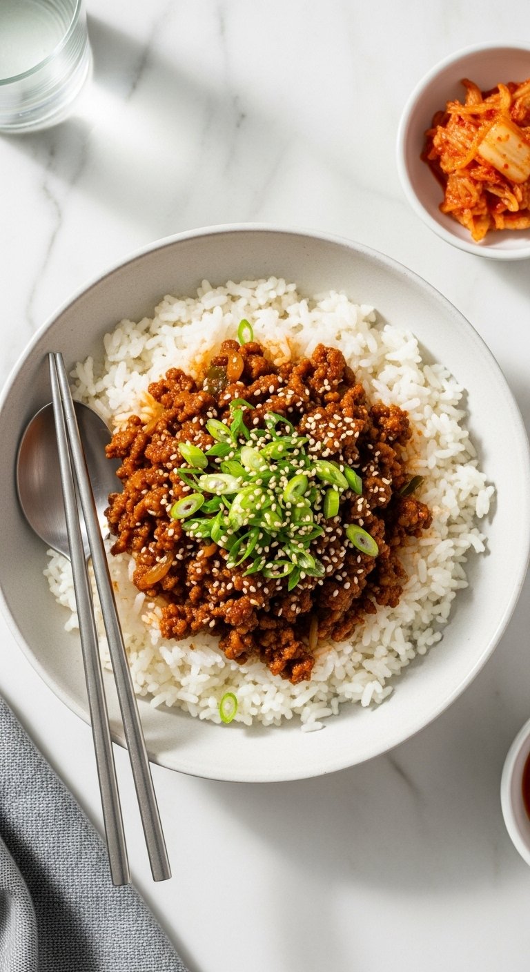 Korean-inspired ground beef bowl with fluffy rice, green onions, sesame seeds, chopsticks and kimchi on a clean marble countertop