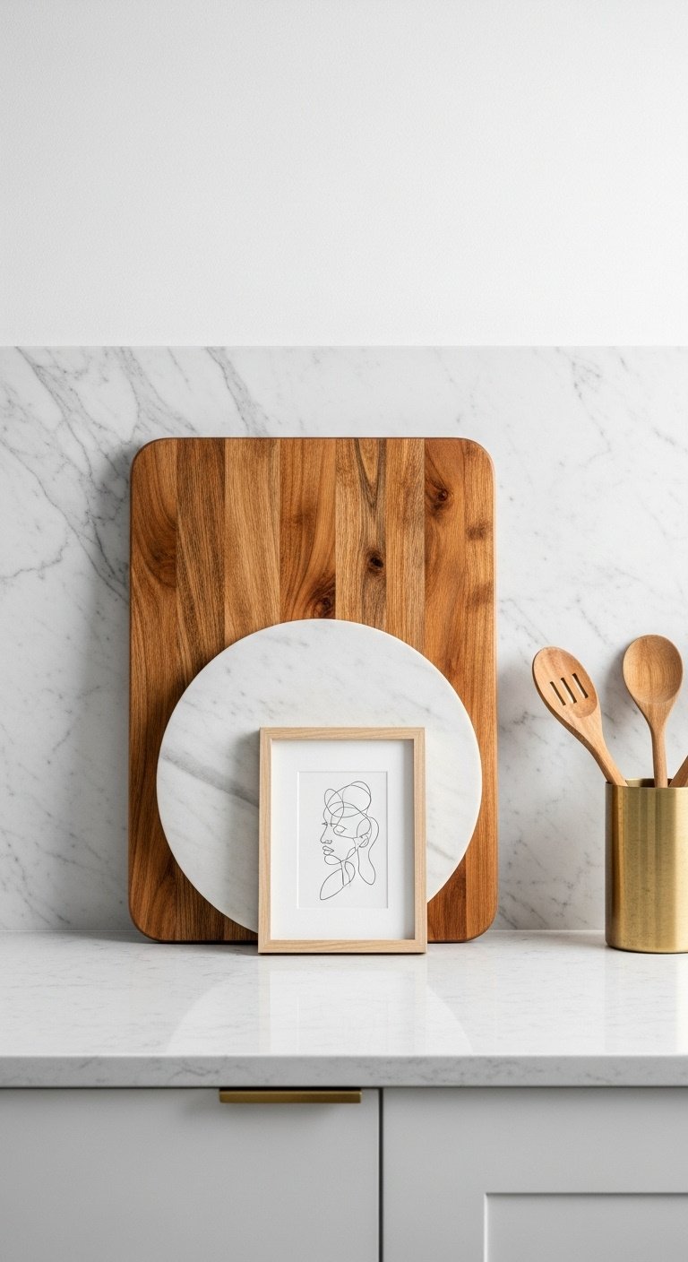 Layered acacia and marble cutting boards with line art print on white marble backsplash with brass utensil holder and wooden spoons