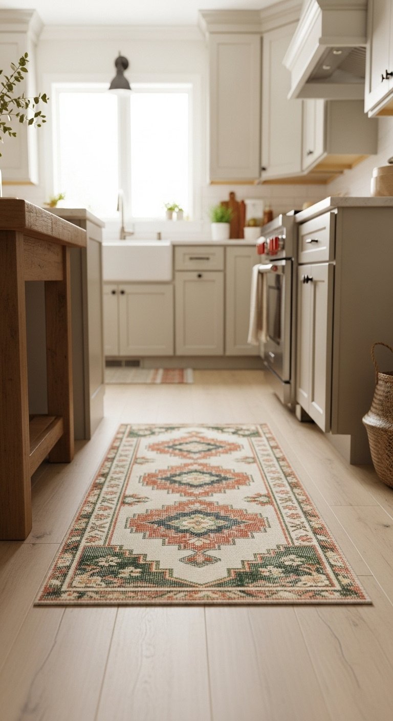 Low-angle shot of a galley kitchen with warm neutral cabinets and a colorful vintage-style runner rug on a light wood floor