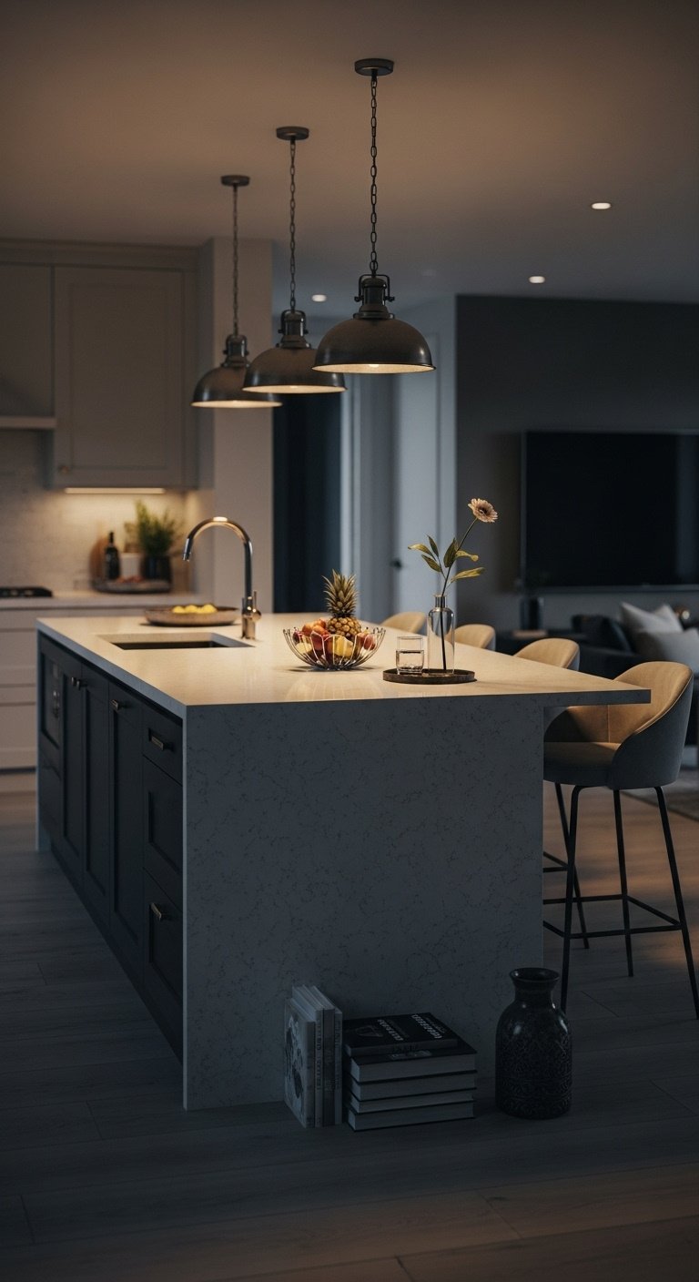 Luxurious open concept kitchen living room with a statement waterfall edge island as central hub elegant pendant lights bar stools