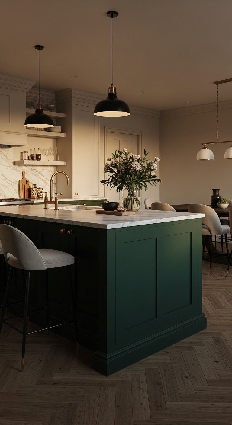 Luxury kitchen with bold emerald green cabinets white marble countertops and brass accents