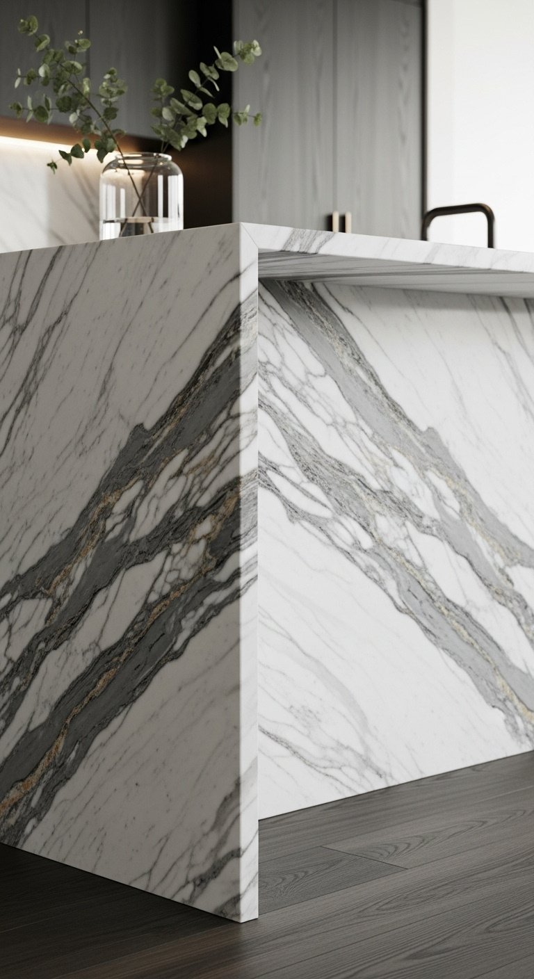 Luxury modern kitchen with dramatic Calacatta marble waterfall island and dark wood floor