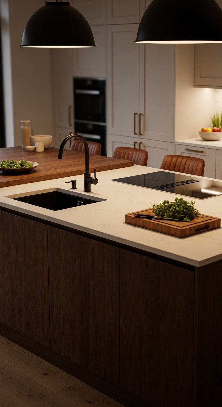 Luxury modern kitchen with multipurpose dark walnut island white quartz countertop and leather bar stools