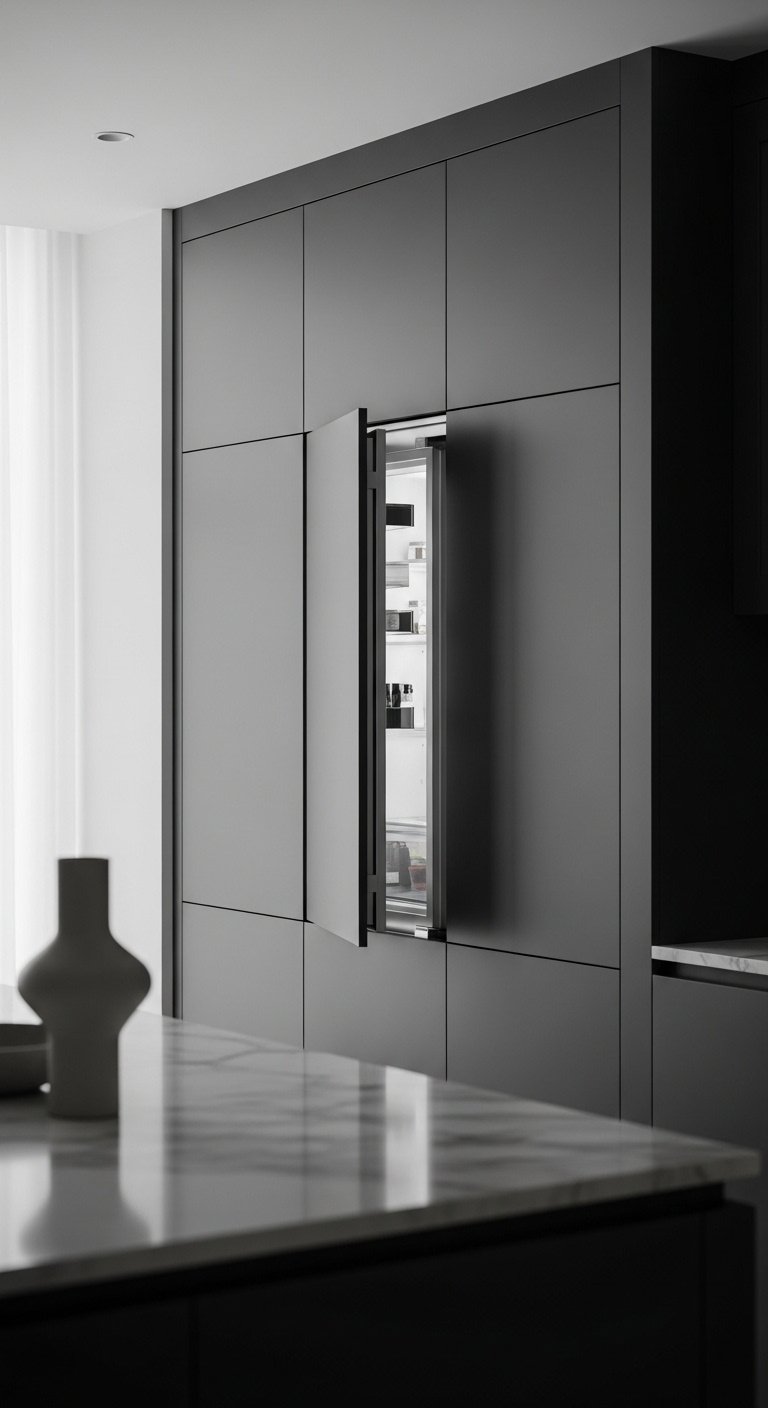 Luxury modern kitchen with seamless dark gray cabinetry and integrated refrigerator subtle marble island