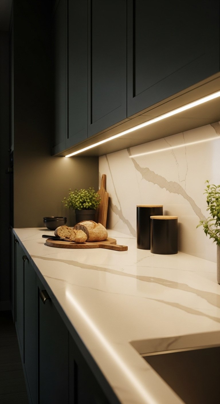 MSI Calacatta Elysio quartz countertop, warm white backdrop, delicate taupe veining, dark green cabinets, bread, canister set, potted herb.