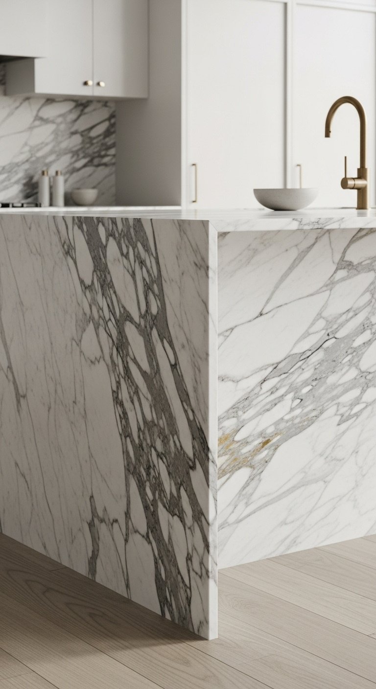 Magnificent kitchen island with Calacatta Gold marble waterfall edge and brass faucet