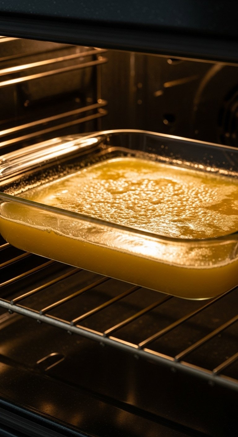 Melted bubbling butter in a clear glass baking dish on an oven rack inside a slightly dark oven with warm light