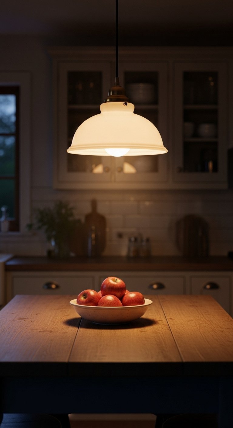 Milk glass schoolhouse pendant light glowing over a rustic wooden kitchen island with a bowl of apples at dusk