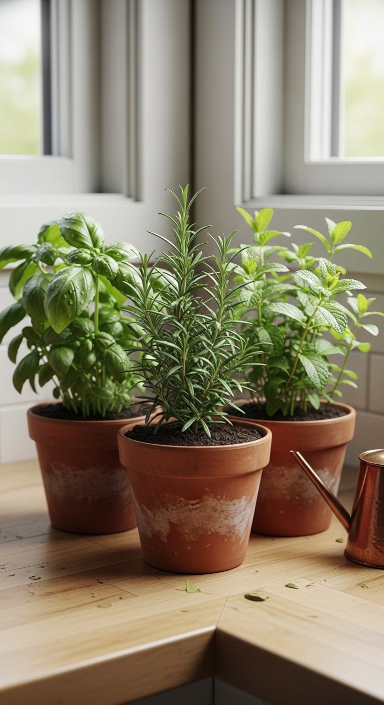 Mini kitchen counter herb garden with basil rosemary mint in terracotta pots on butcher block with copper watering can
