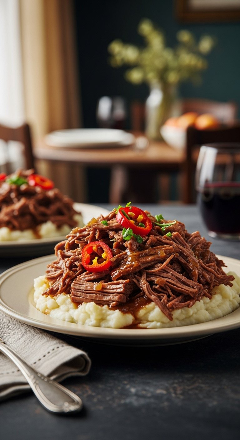 Mississippi pot roast on mashed potatoes with pepperoncini on a ceramic plate with a fork and red wine on a dark table