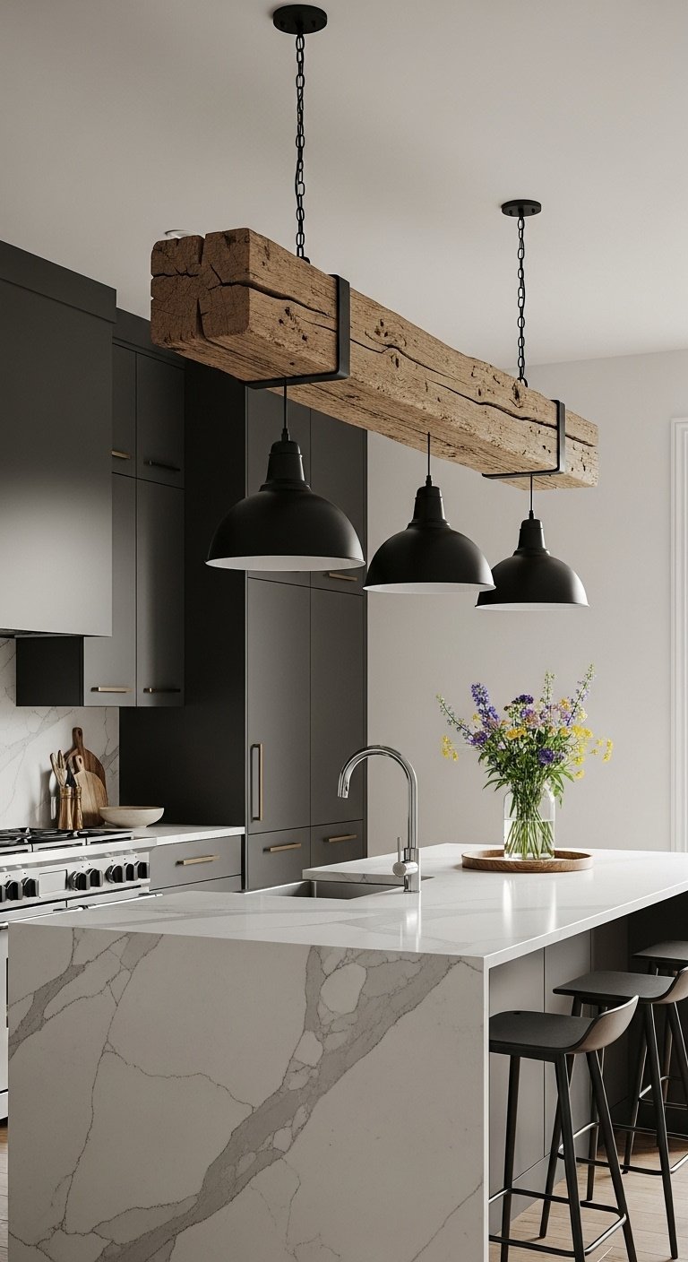 Modern kitchen blending rustic wood beam with sleek dark gray cabinets and marble countertop