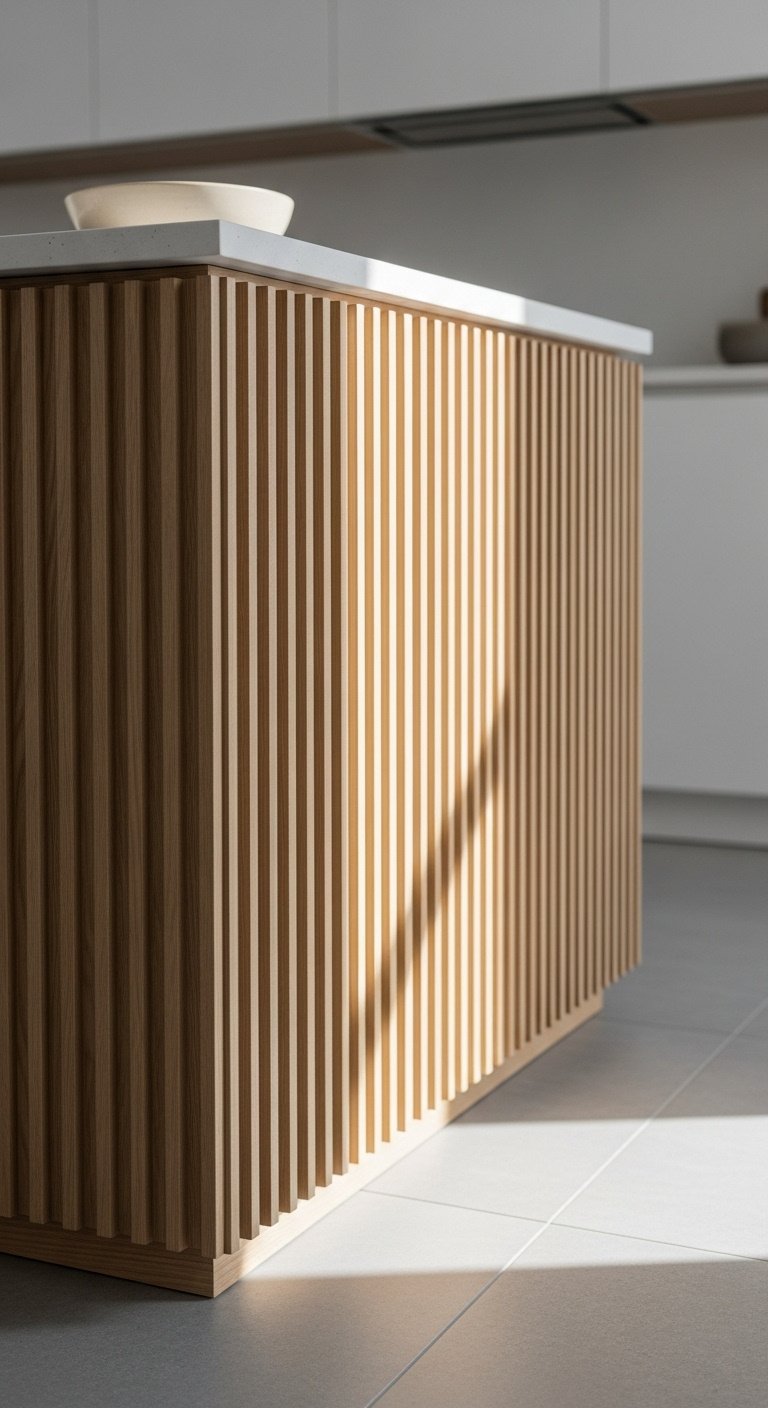 Modern kitchen island with fluted light oak panels and matte white concrete countertop