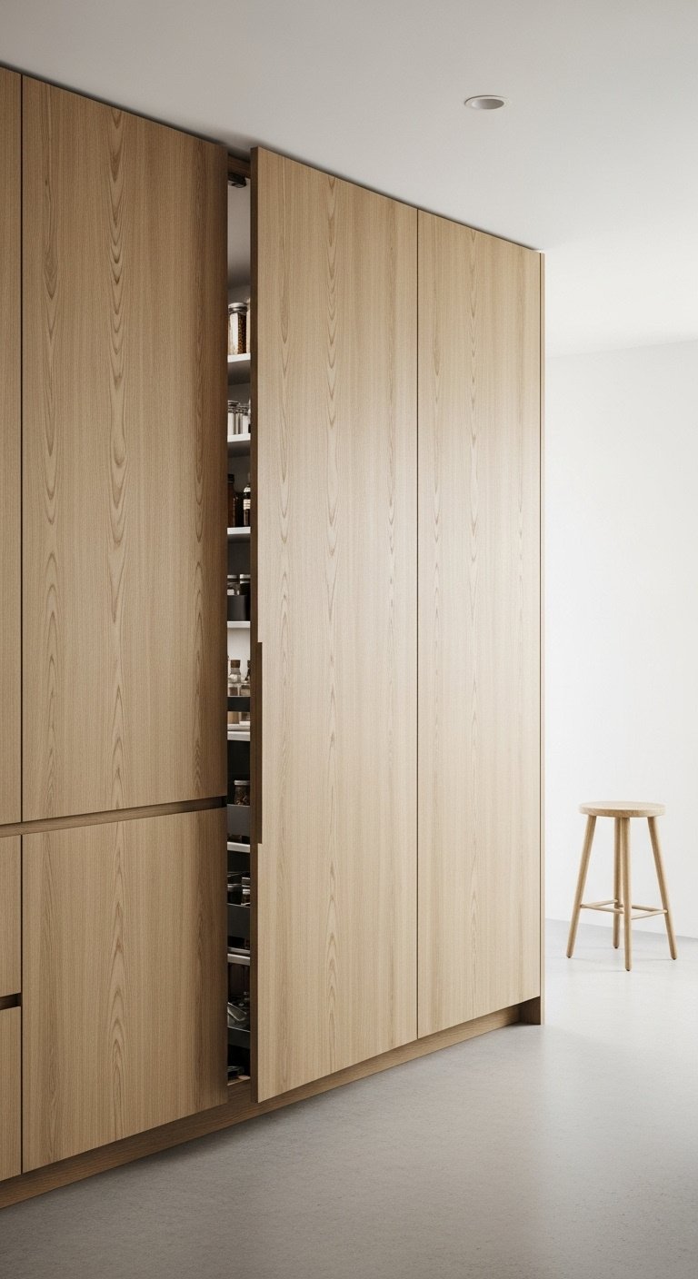 Modern kitchen with hidden pantry door disguised as light oak cabinetry