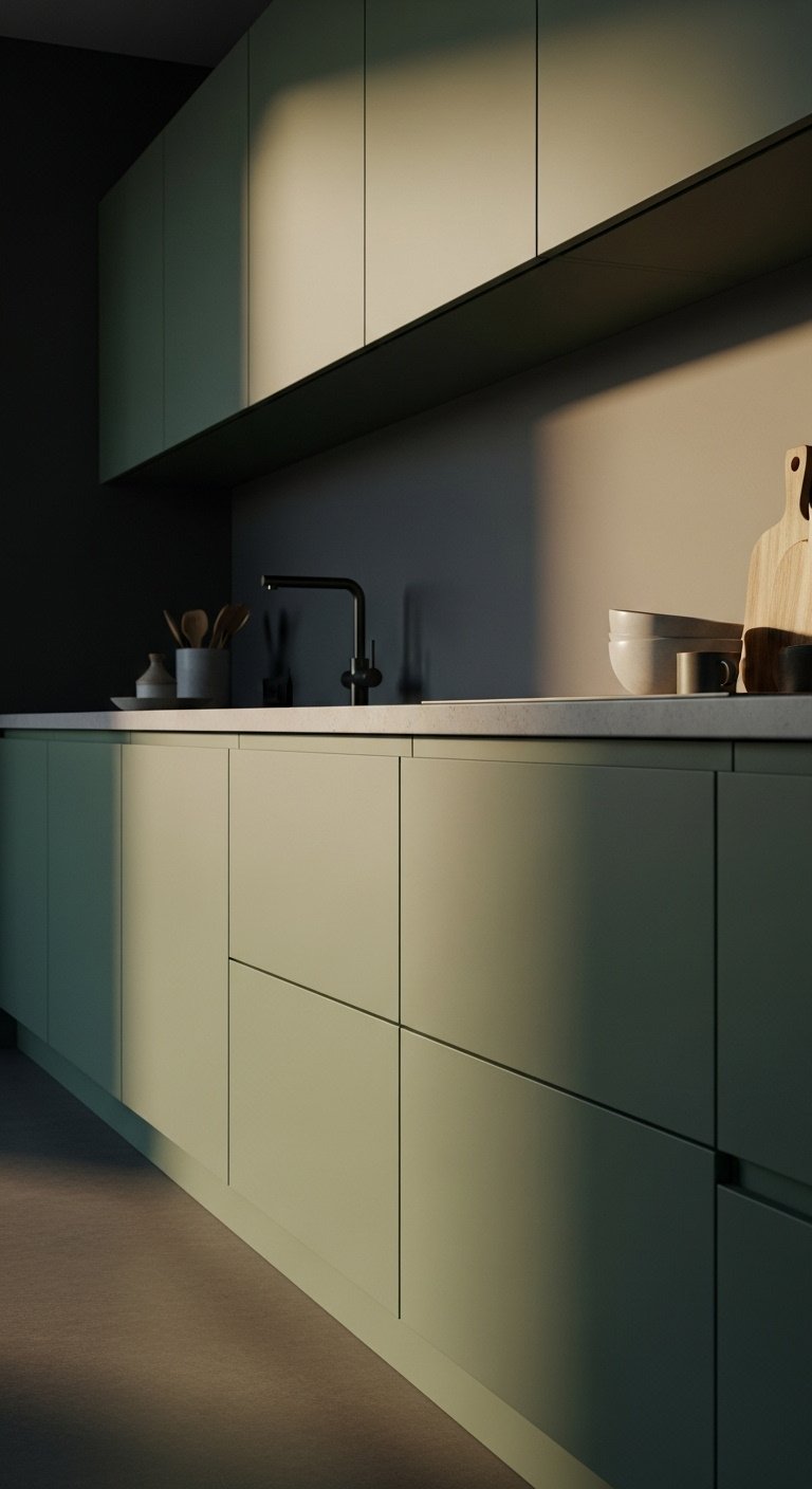 Modern kitchen with matte sage green handleless cabinets, polished concrete countertop, charcoal gray wall, matte black faucet, induction cooktop.