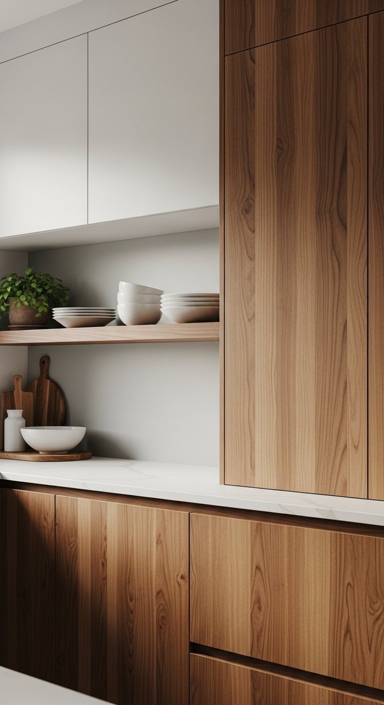 Modern kitchen with natural walnut lower cabinets white uppers and floating shelf